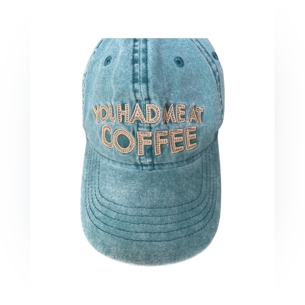 “You had me at coffee” Adult Ball Cap with Adjustable Leather Strap